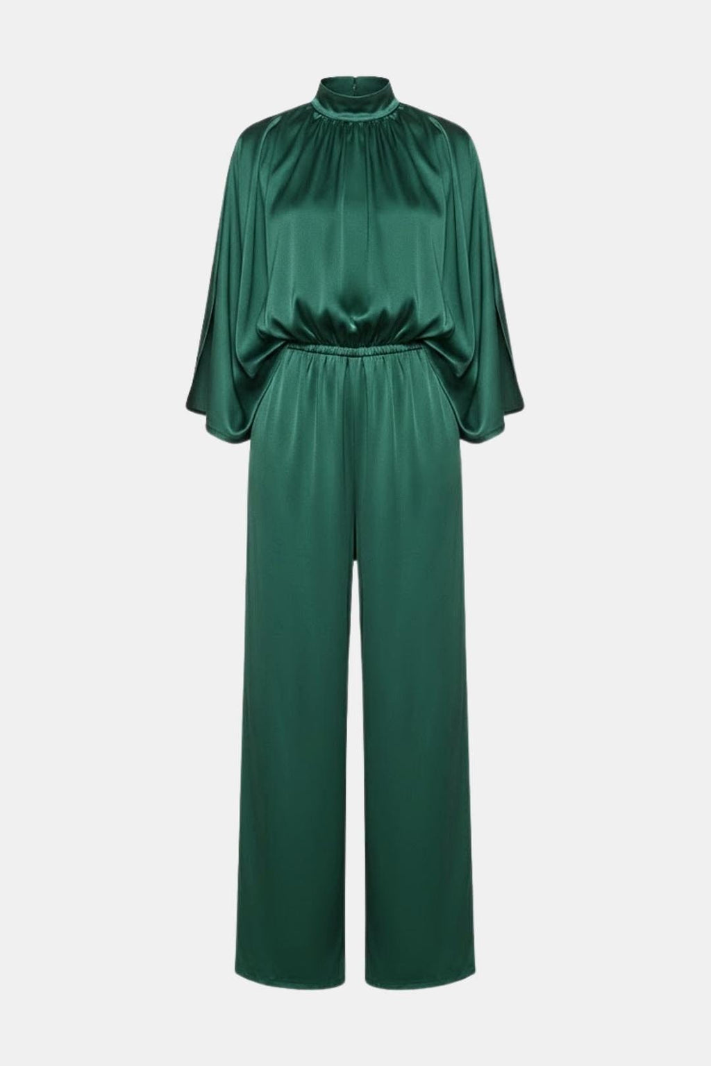 Green cape-sleeve jumpsuit with high neck and cinched waist, wide-leg pants.