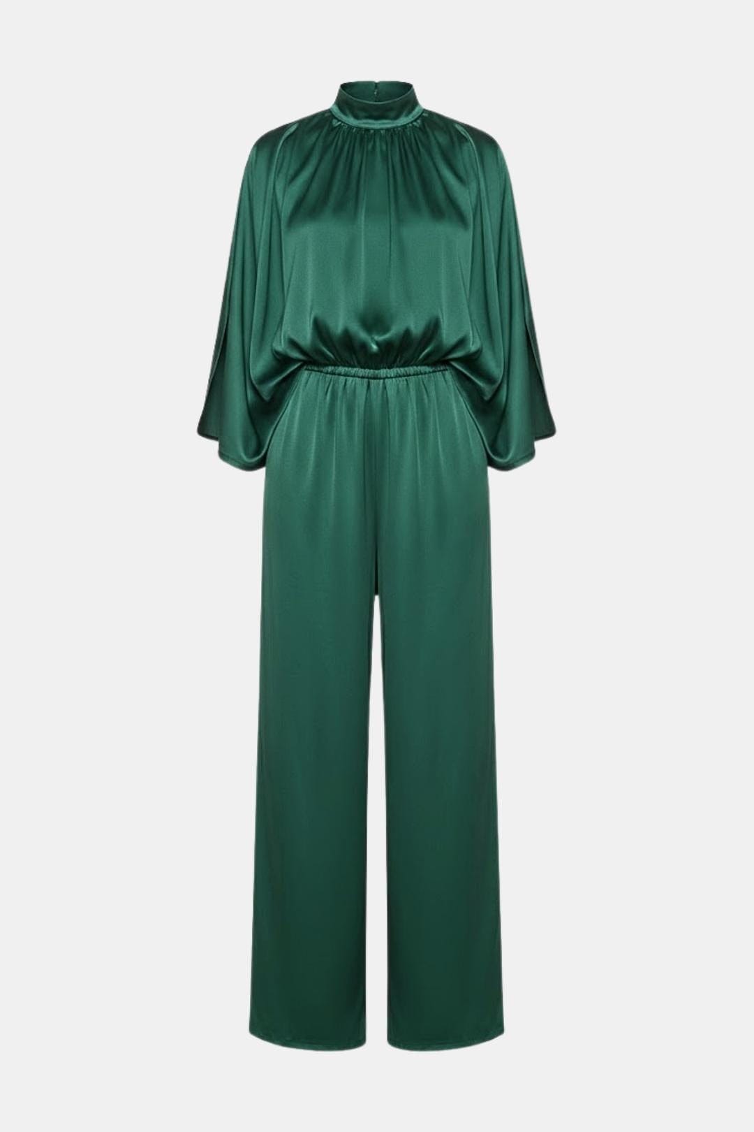 Green cape-sleeve jumpsuit with high neck and cinched waist, wide-leg pants.