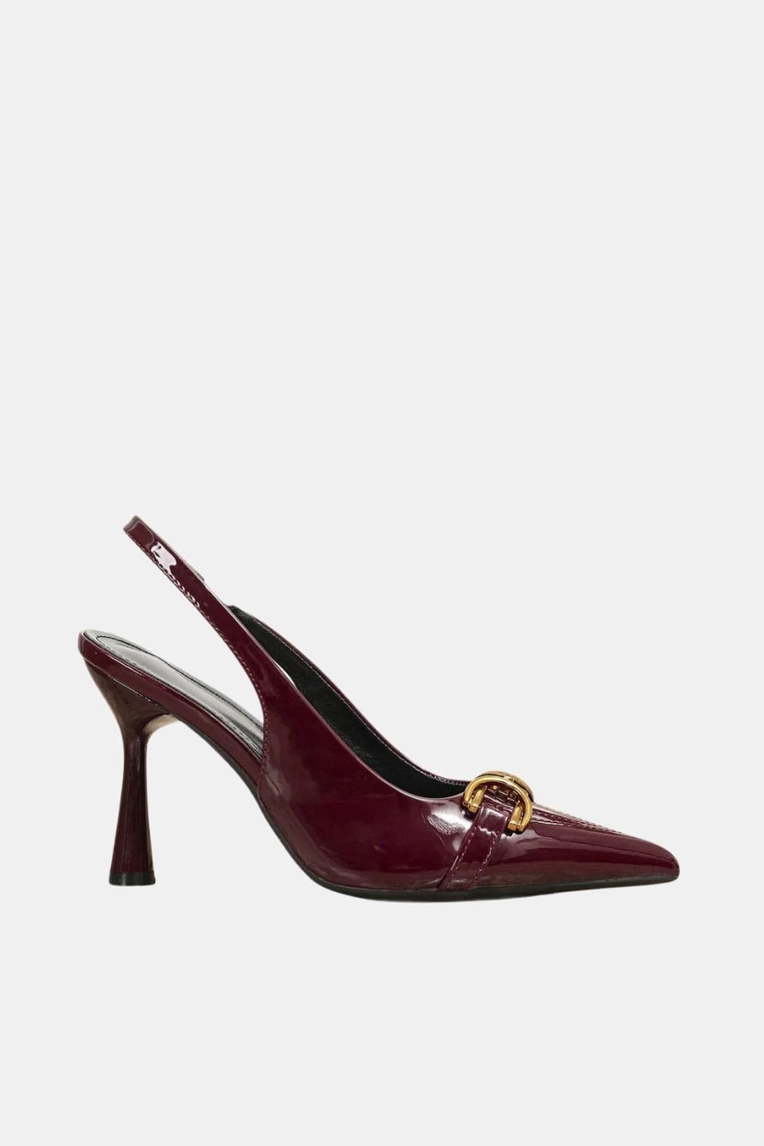 Burgundy patent slingback pumps with gold horsebit buckle and pointed toe