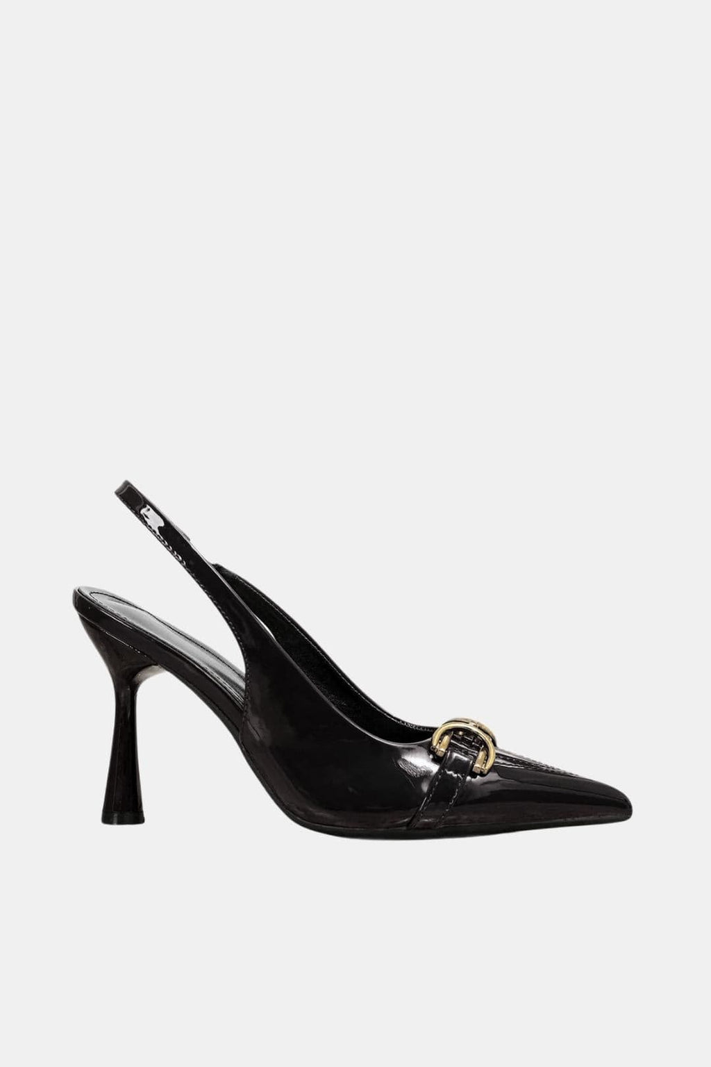 Black patent slingback pumps with gold horsebit hardware and pointed toe