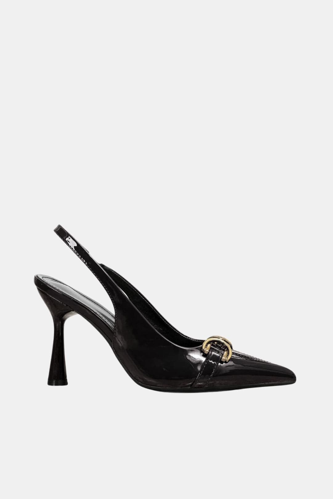Black patent slingback pumps with gold horsebit hardware and pointed toe