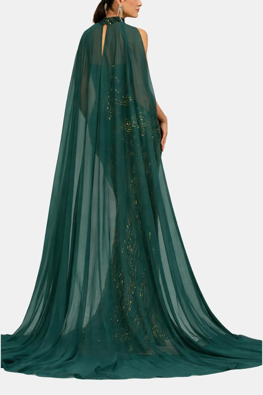 Back view of green sequin mermaid evening dress with long flowing cape