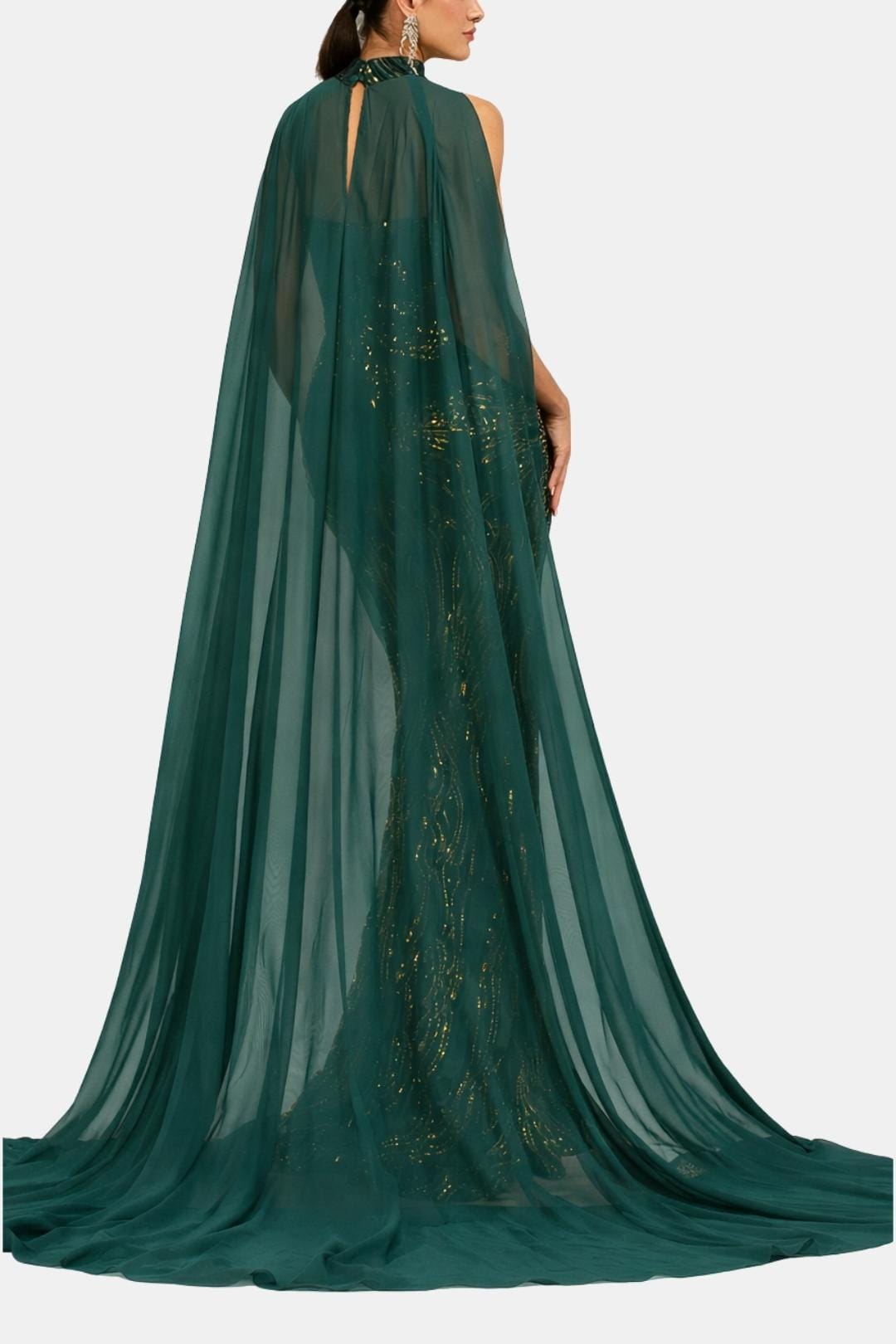 Back view of green sequin mermaid evening dress with long flowing cape