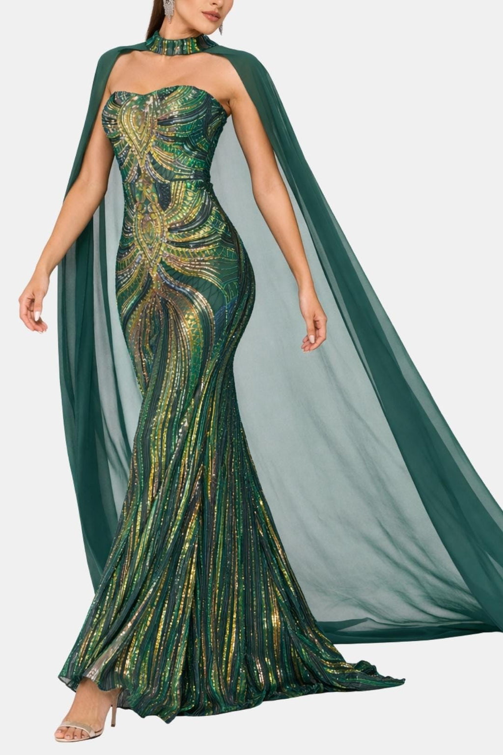 Green sequin mermaid evening dress with strapless top and long draped cape