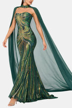 Green sequin mermaid evening dress with strapless top and long draped cape