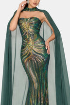 Green sequin strapless mermaid evening dress with beaded detailing and cape