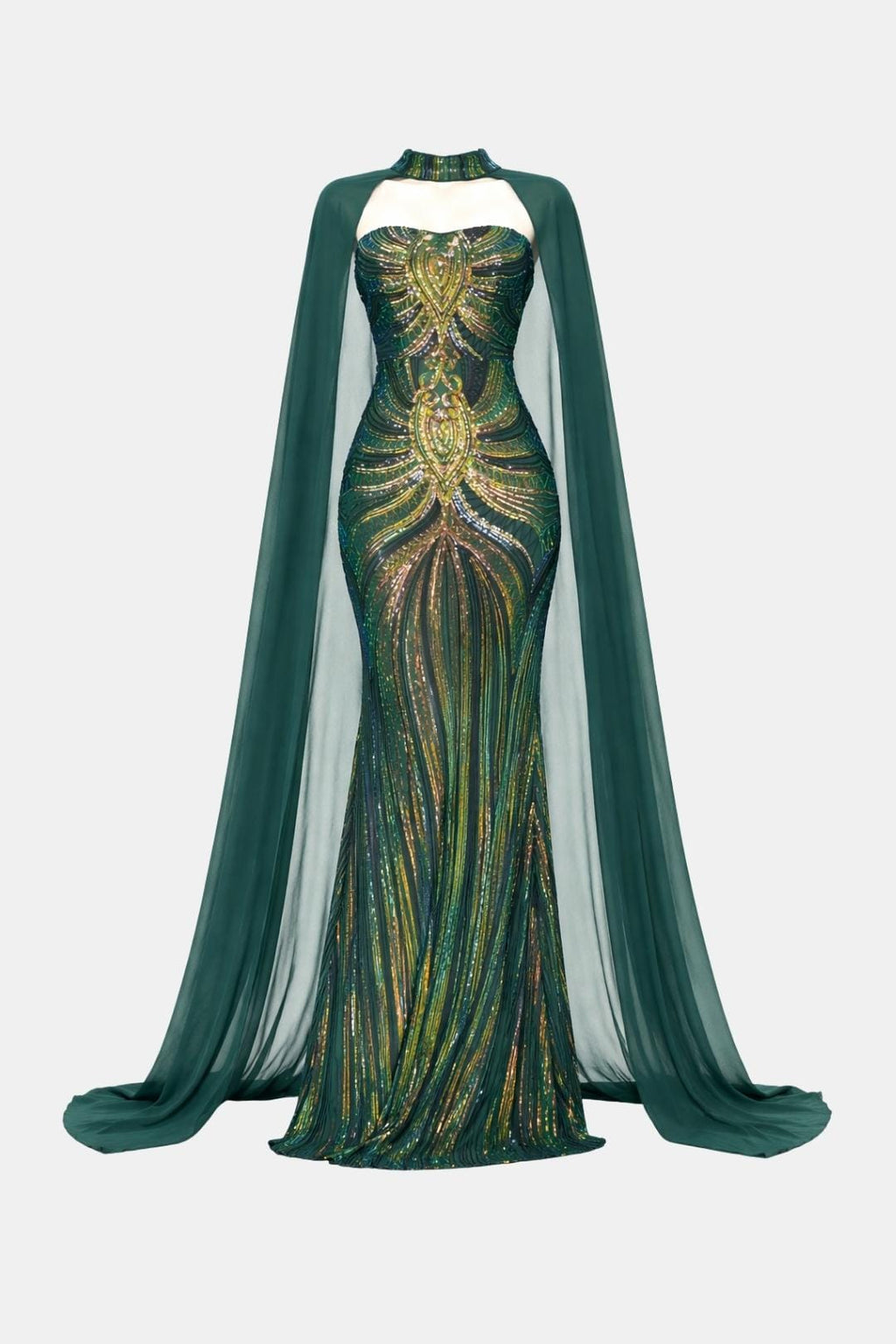 Green sequin mermaid evening dress with matching cape, strapless sweetheart neckline