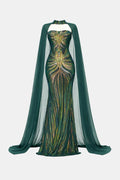 Green sequin mermaid evening dress with matching cape, strapless sweetheart neckline