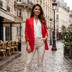 Martina women's blazer, red, notched lapels, long sleeves, front flap pockets