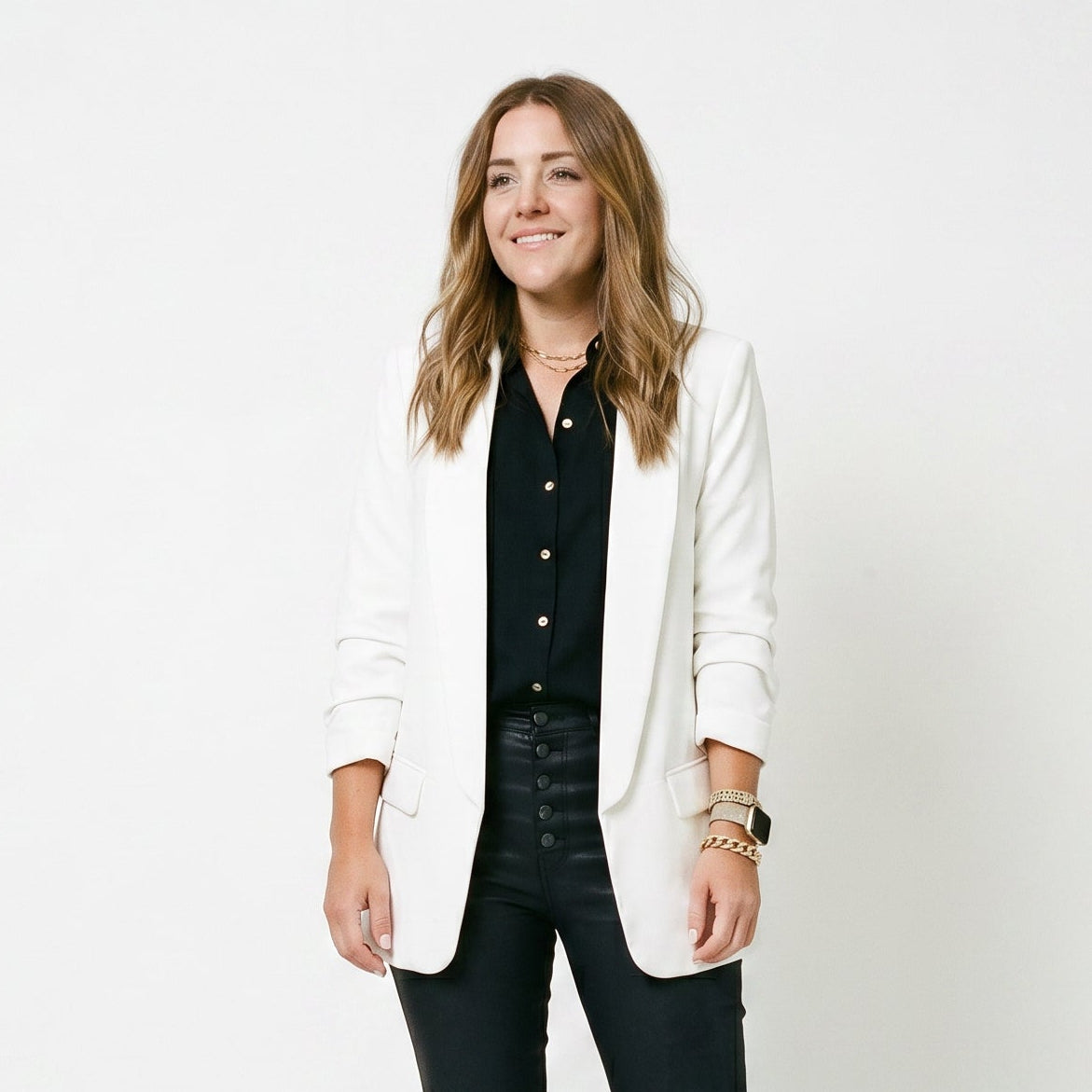 Women’s white blazer with notch lapel and front flap pockets