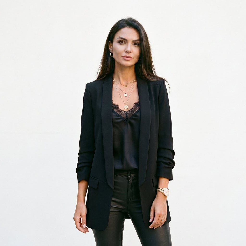 Martina women's blazer, black, notched lapels, long sleeves, open front with pockets