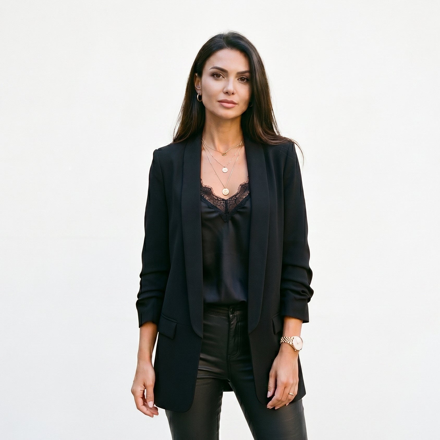 Martina women's blazer, black, notched lapels, long sleeves, open front with pockets