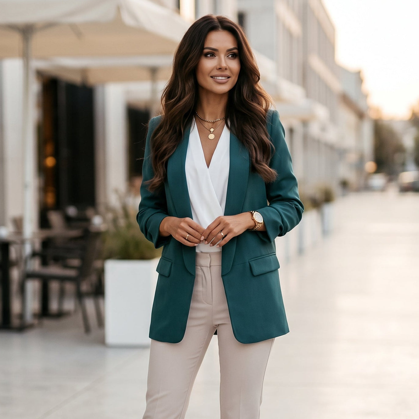Martina women's blazer, dark green, notched lapels, long sleeves, flap pockets