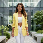 Martina women's blazer, yellow, notched lapels, long sleeves, front flap pockets