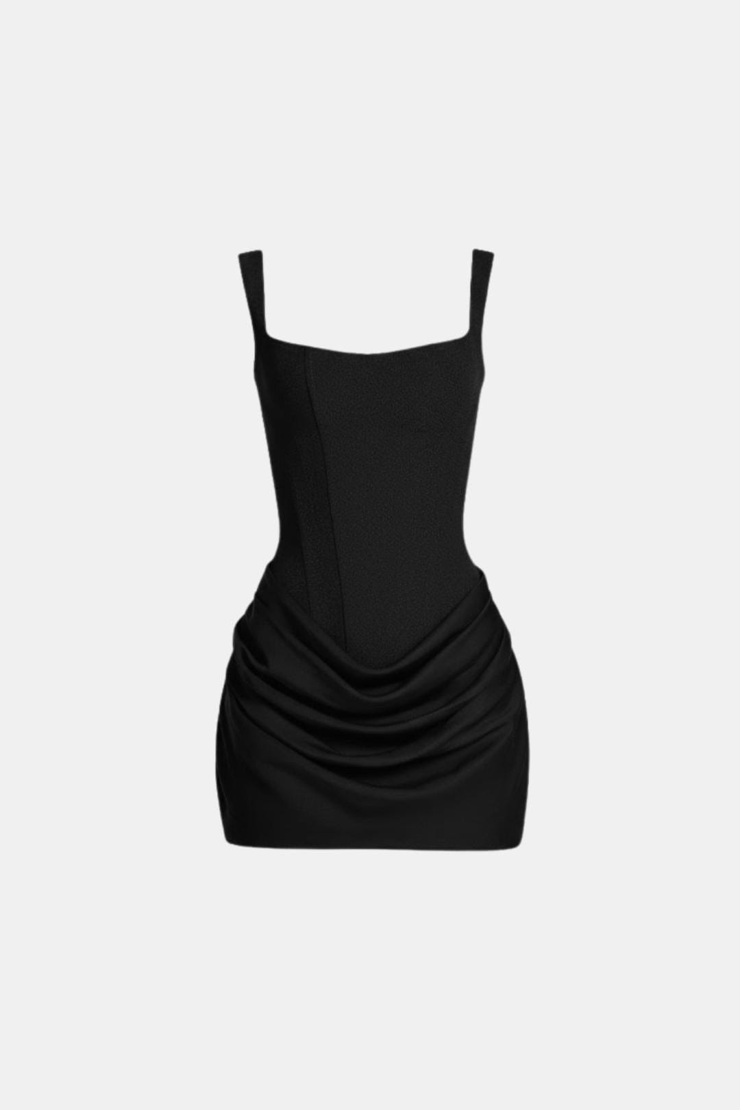 Black corset-style mini dress with square neckline and ruched drape overlay skirt