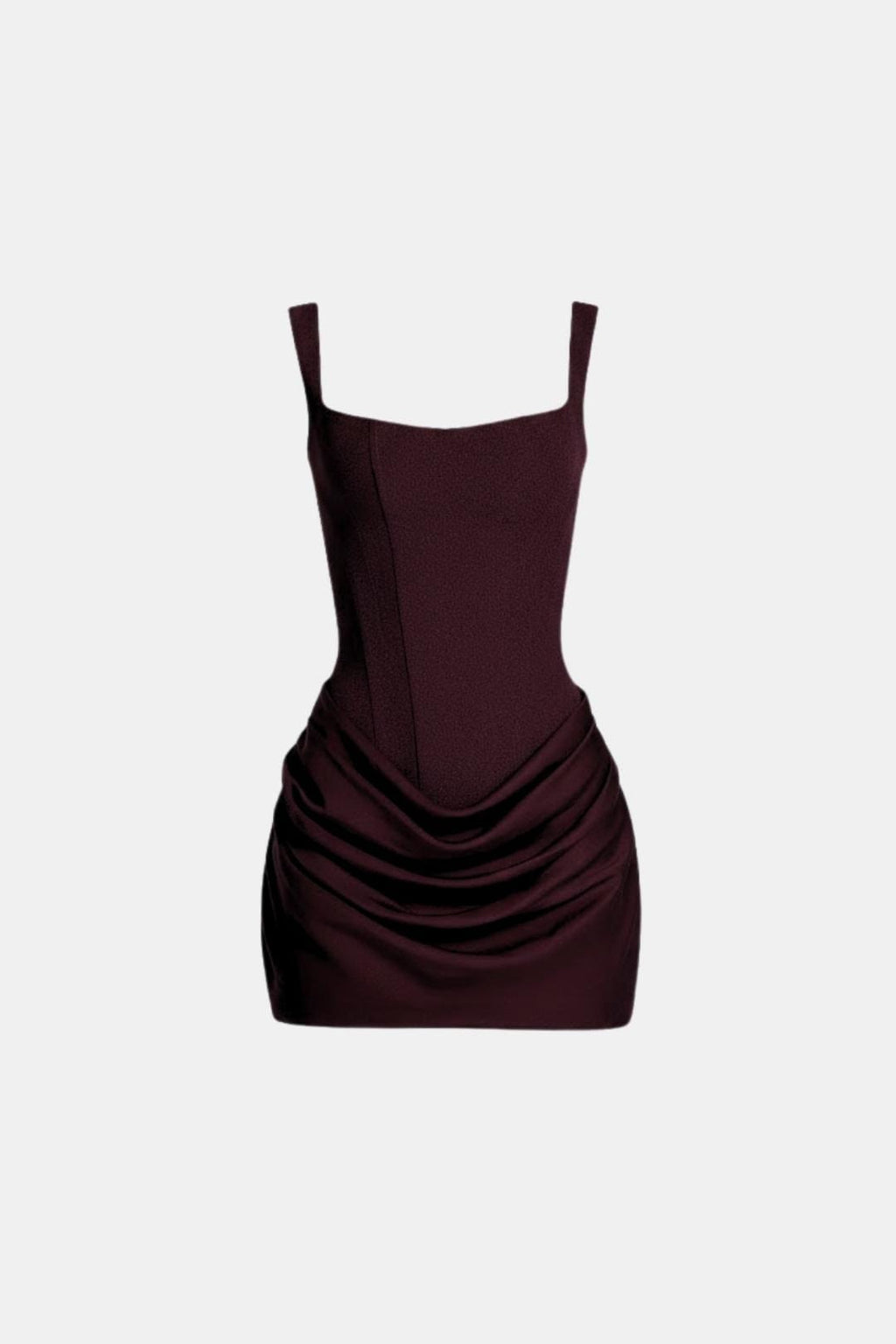 Burgundy corset-style mini dress with square neckline and ruched draped overlay