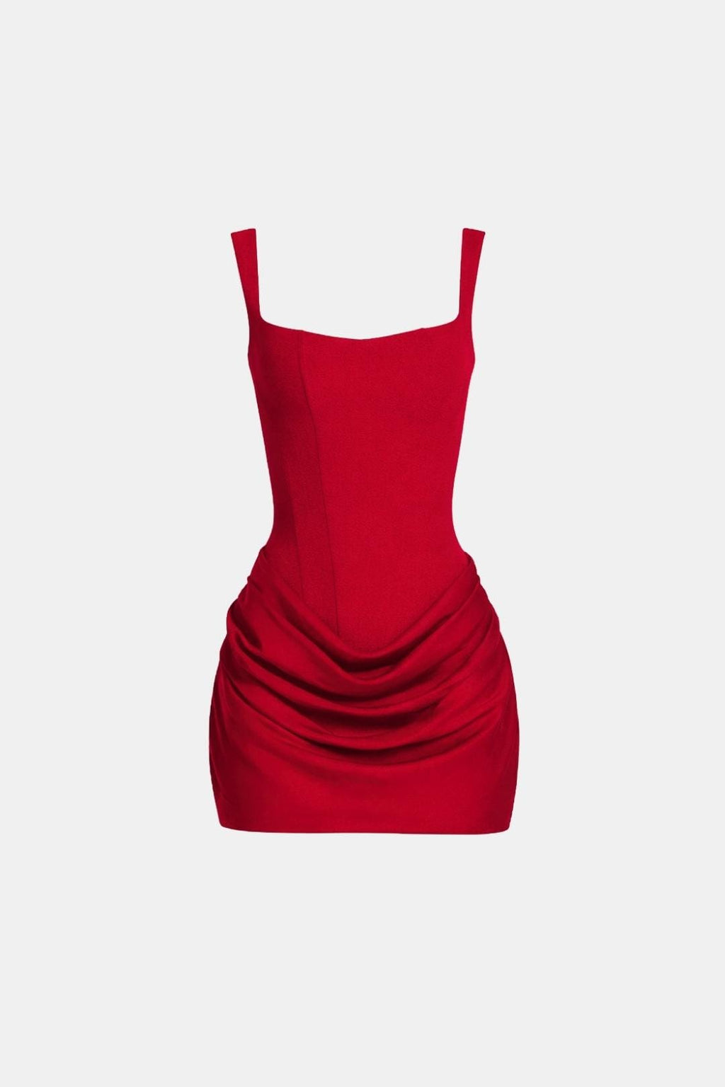 Red corset-style mini dress with square neckline and ruched draped overlay skirt