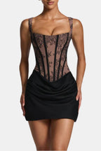 Black lace corset mini dress with square neckline straps and draped ruched overlay skirt