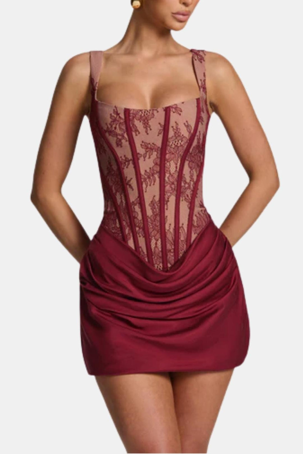 Burgundy lace corset mini dress with square neckline and draped overlay skirt