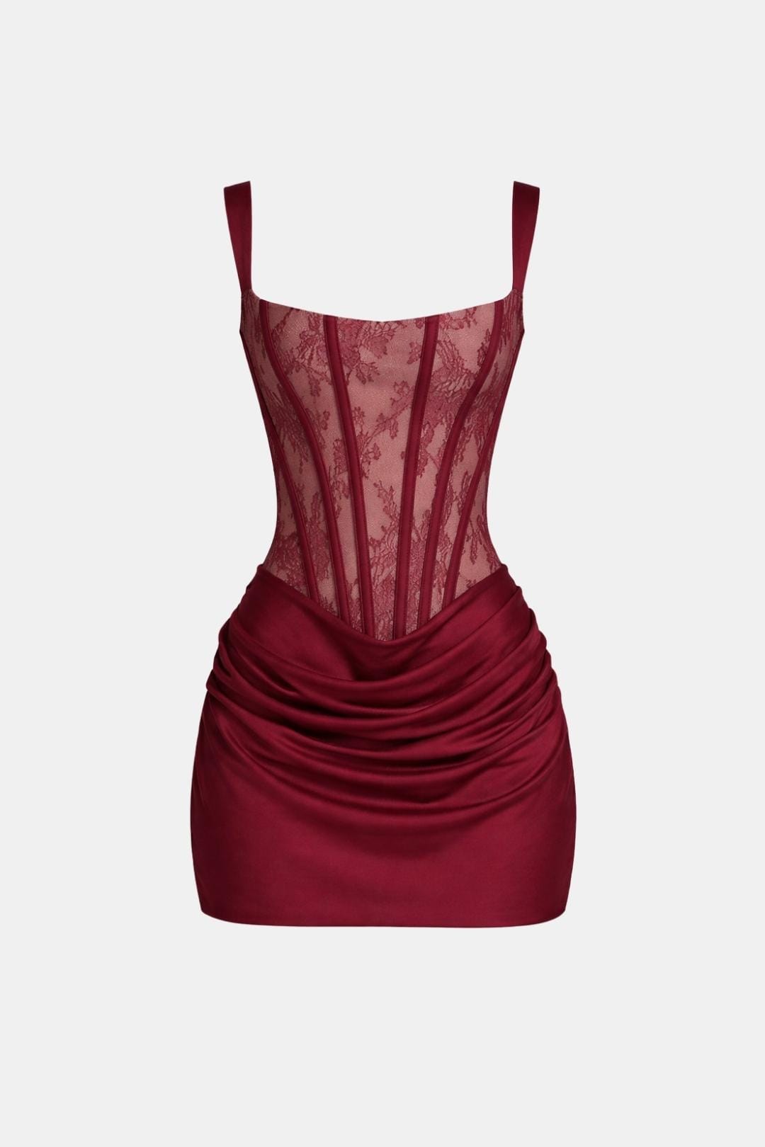 Burgundy lace corset mini dress with square neckline and draped overlay skirt