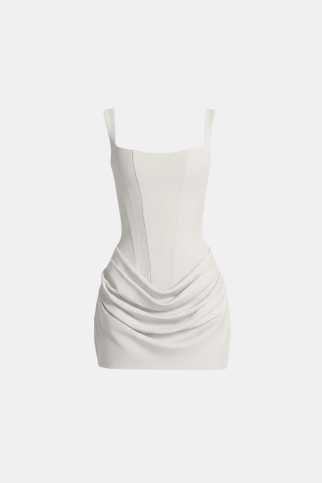 Ivory corset-style mini dress with square neckline and ruched draped overlay