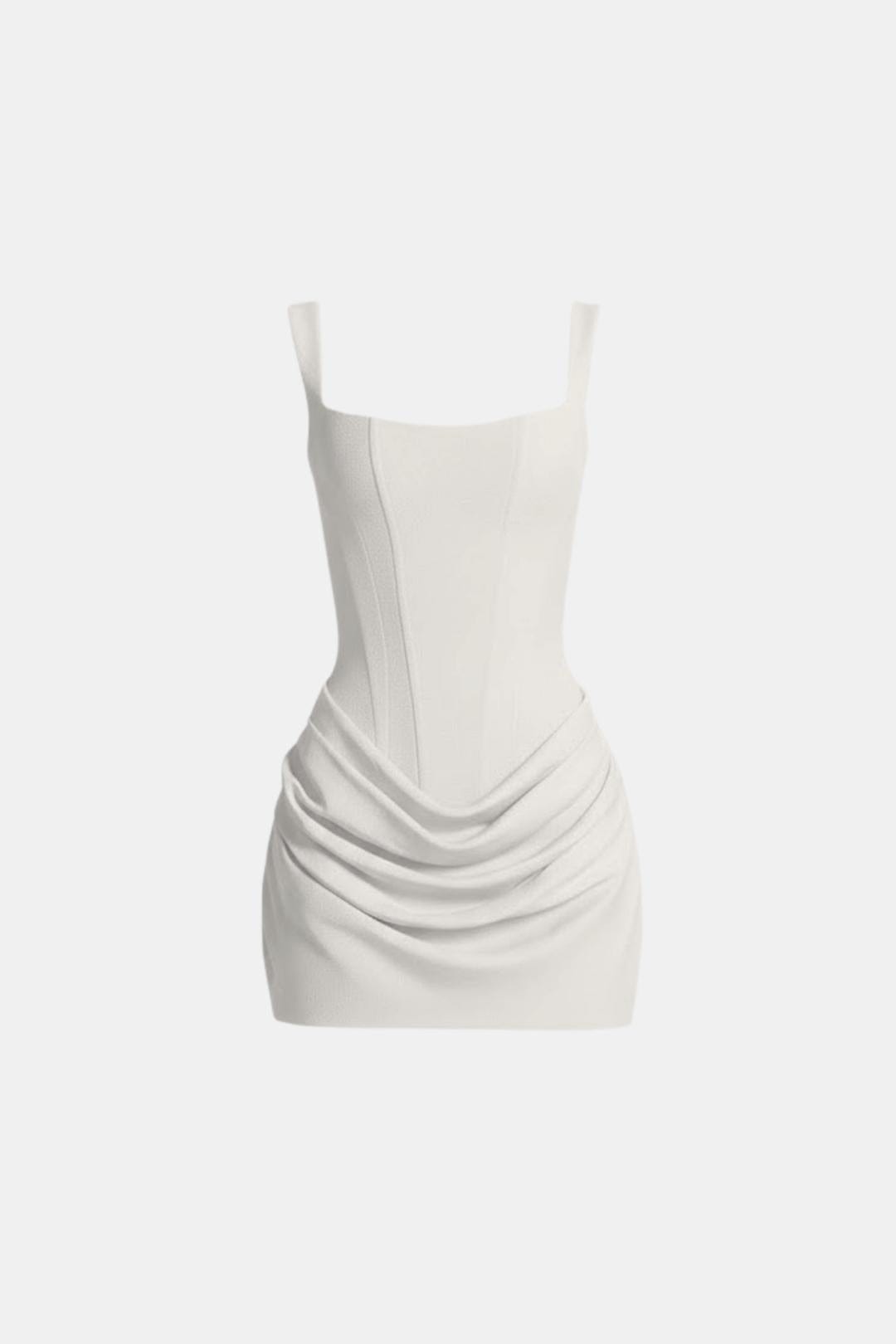 Ivory corset-style mini dress with square neckline and ruched draped overlay