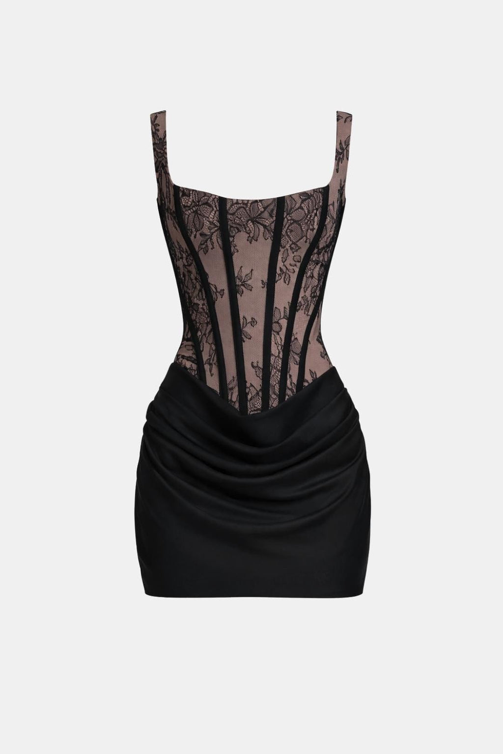 Black lace corset mini dress with square neckline and ruched draped overlay skirt
