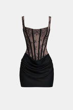 Black lace corset mini dress with square neckline and ruched draped overlay skirt