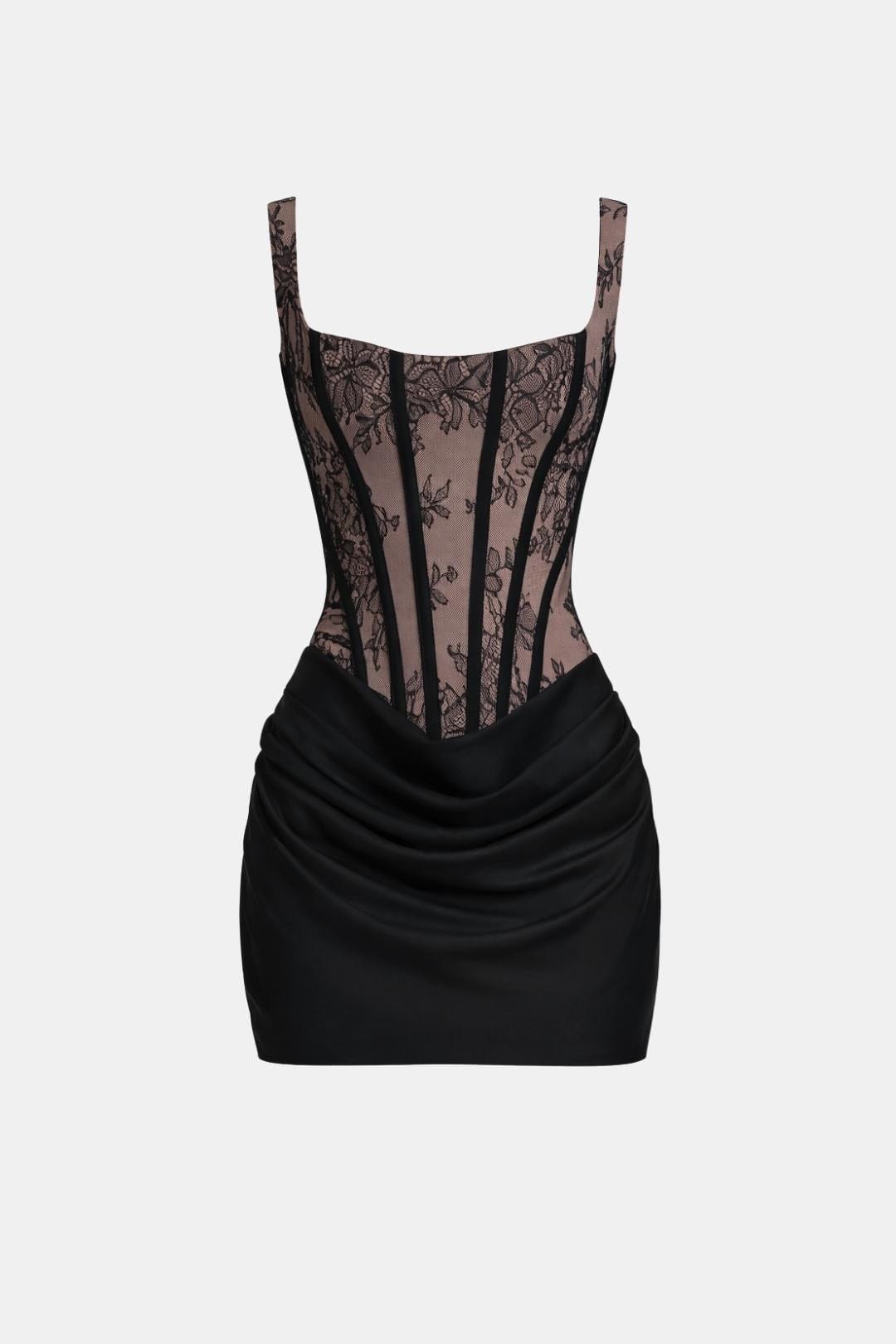 Black lace corset mini dress with square neckline and ruched draped overlay skirt