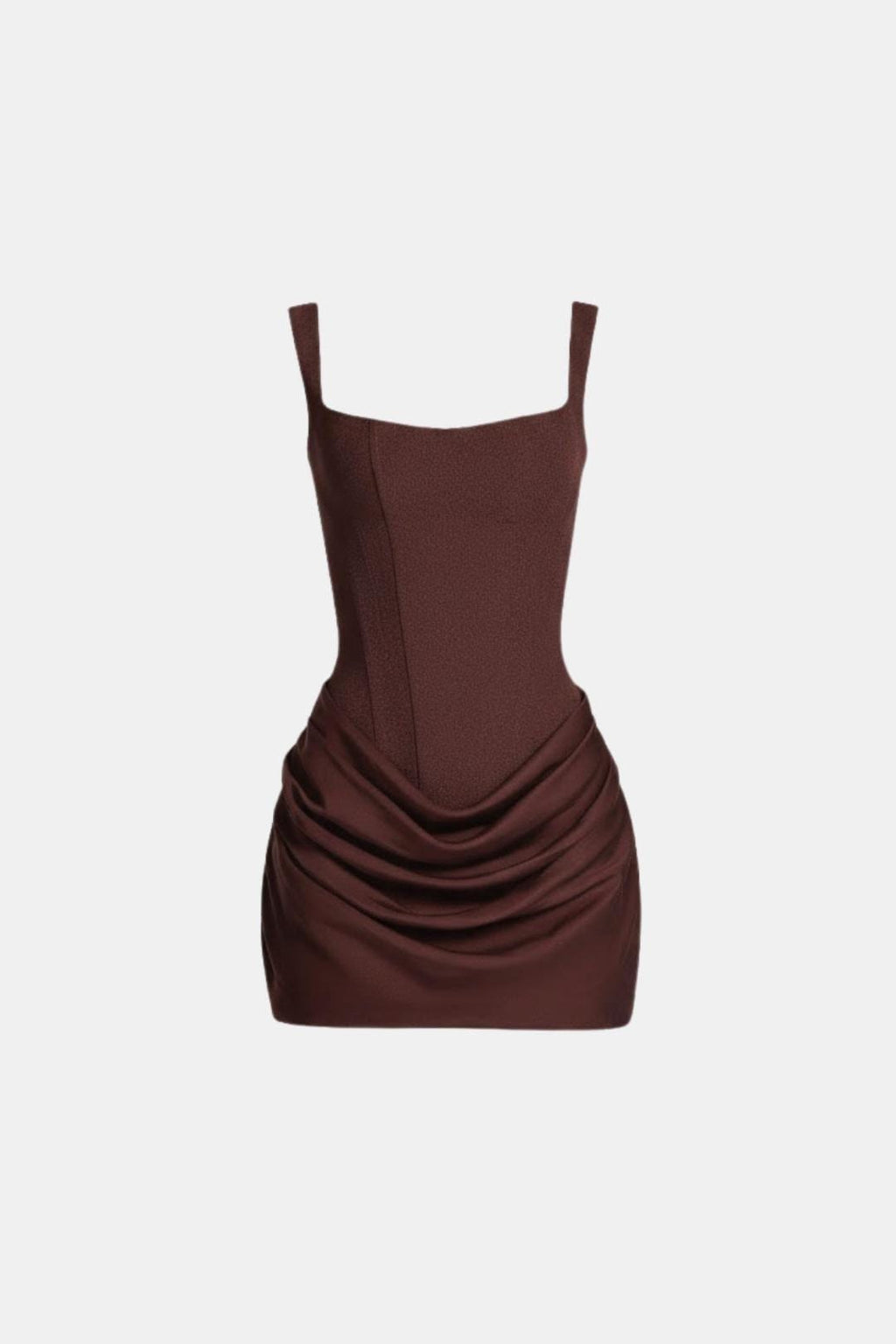 Brown corset-style mini dress with square neckline and ruched drape overlay