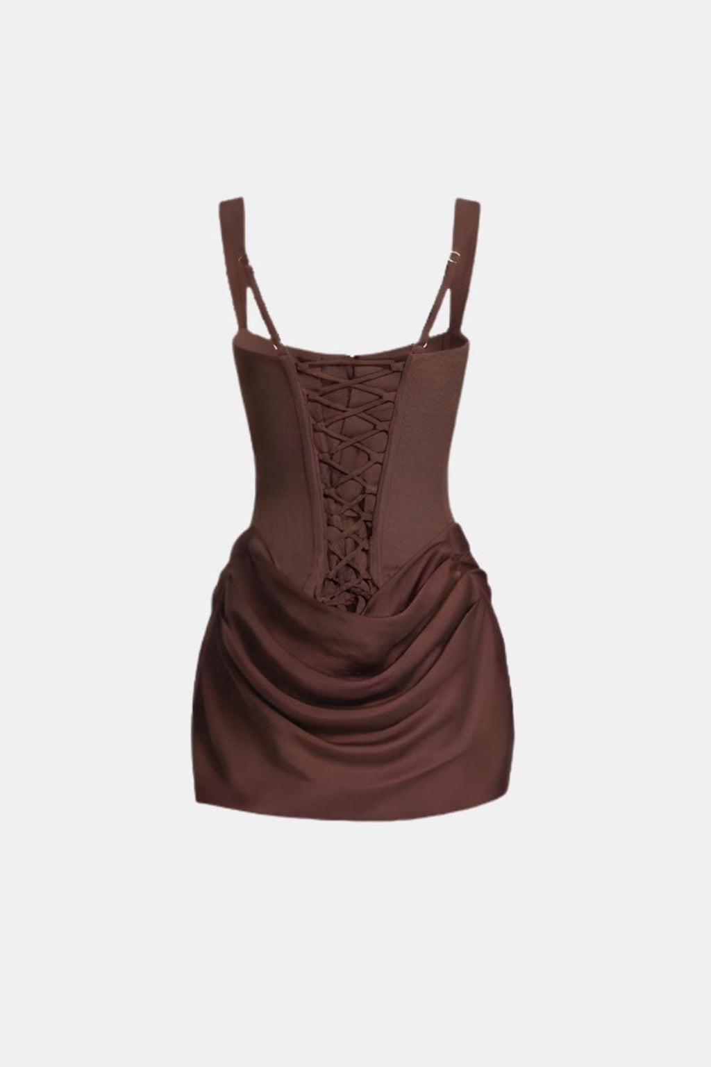 Brown corset mini dress with lace-up back and draped ruched overlay