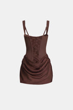 Brown corset mini dress with lace-up back and draped ruched overlay