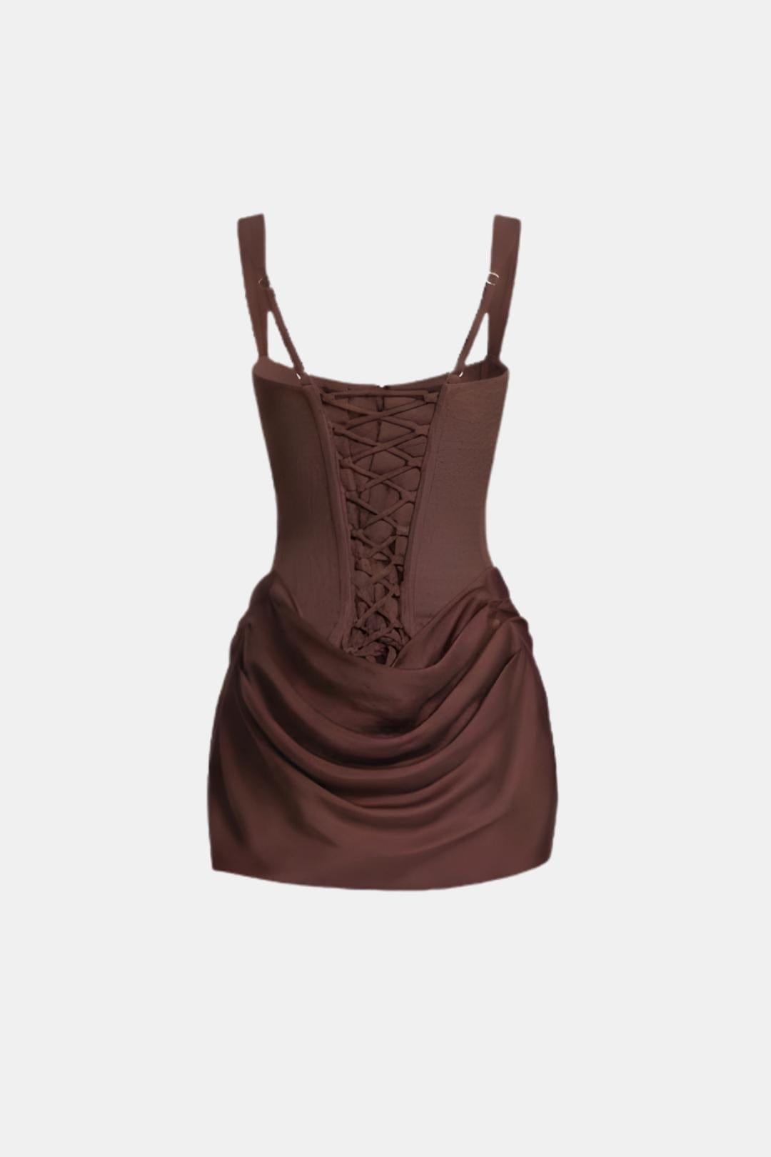 Brown corset mini dress with lace-up back and draped ruched overlay
