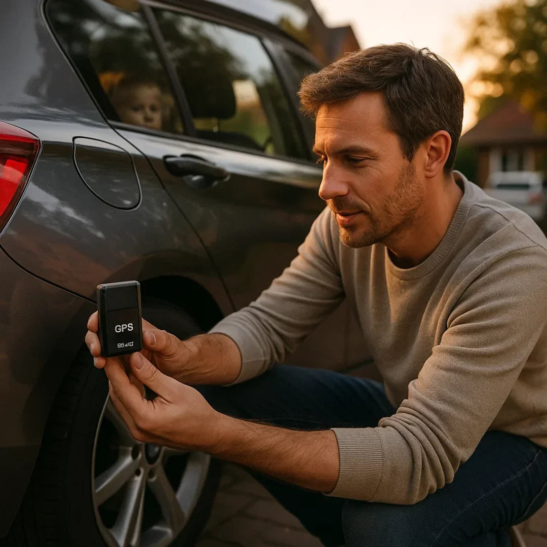 Black GPS tracker held up against car door by hand; small rectangular device.