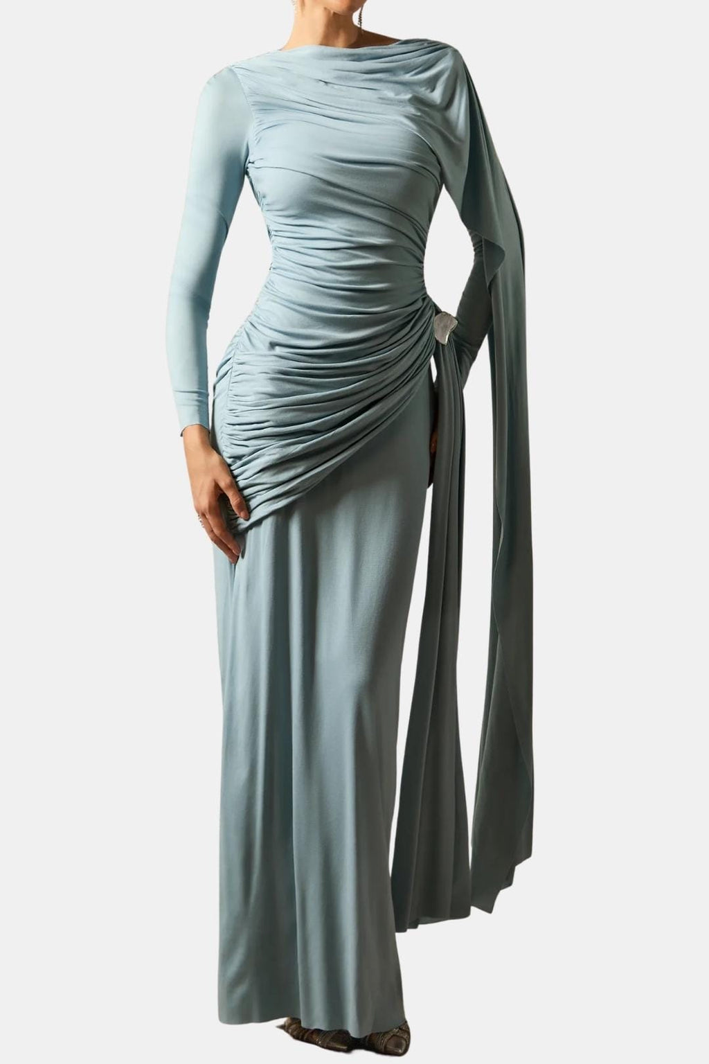 Light blue ruched cape-sleeve maxi dress with long sleeves and side drape