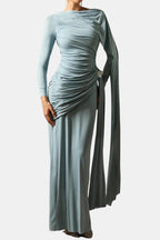 Light blue ruched cape-sleeve maxi dress with long sleeves and side drape