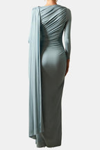 Light blue ruched back maxi dress with long cape sleeves and draped panel