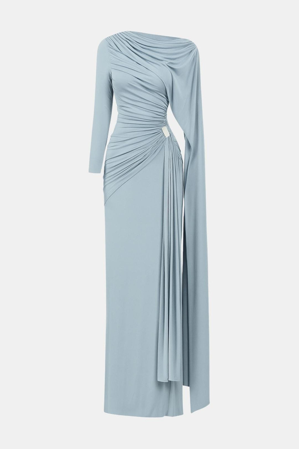 Light blue ruched maxi dress with long sleeves and draped side panel