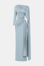 Light blue ruched maxi dress with long sleeves and draped side panel