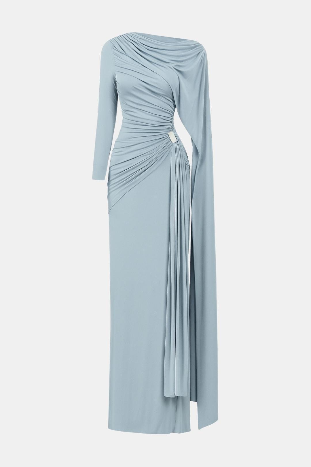 Light blue ruched maxi dress with long sleeves and draped side panel