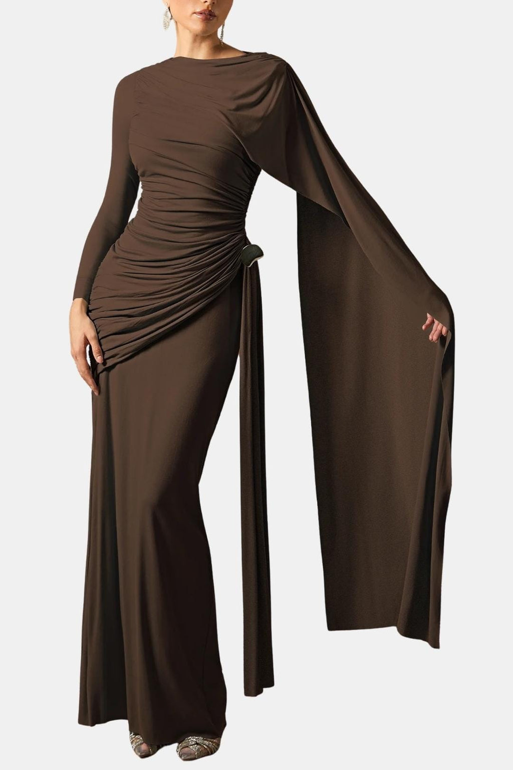 Brown ruched cape-sleeve maxi dress with long sleeves and side draped ruching