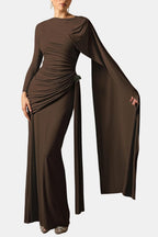 Brown ruched cape-sleeve maxi dress with long sleeves and side draped ruching