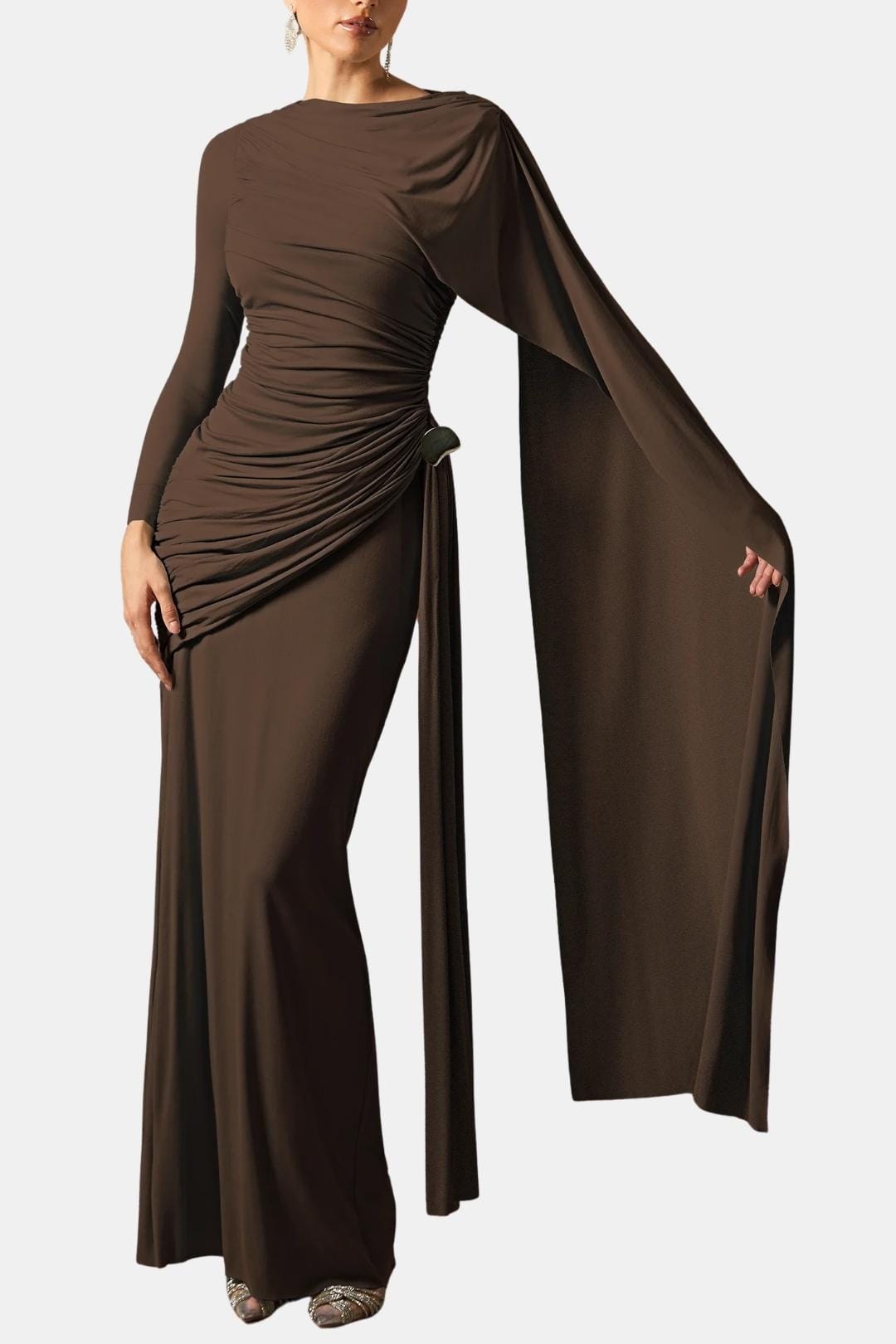 Brown ruched cape-sleeve maxi dress with long sleeves and side draped ruching