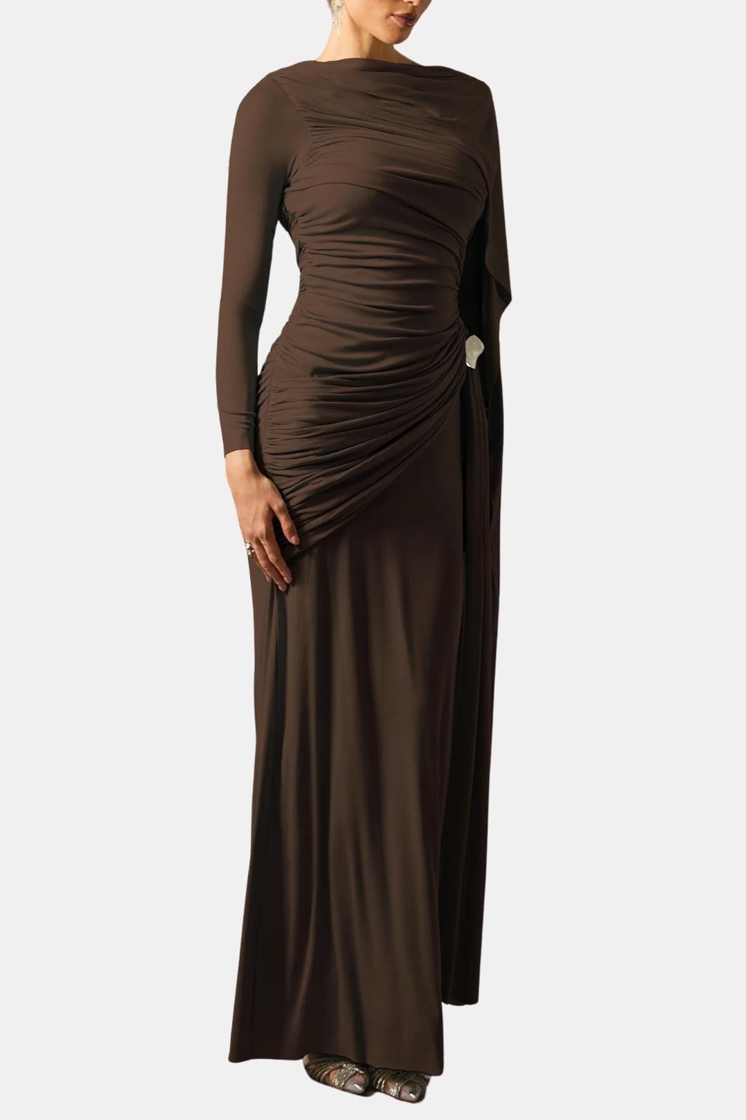 Brown ruched maxi dress with cape sleeves and gathered side waist drape