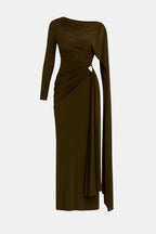 Brown ruched maxi dress with long sleeves and draped side overlay panel