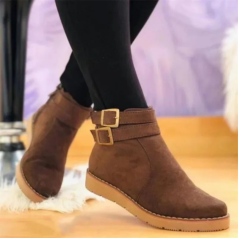 Women’s double-buckle ankle boots, brown suede with two square buckles