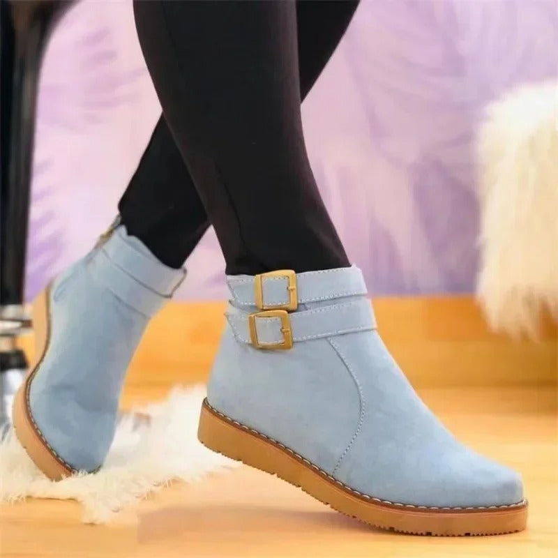 Women’s double-buckle ankle boots, light blue with two square buckle straps