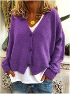 Women's V-neck button cardigan, purple knit with long sleeves