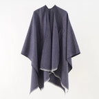 Cashmere poncho in heather dark gray, loose drape with V neckline and open wrap front
