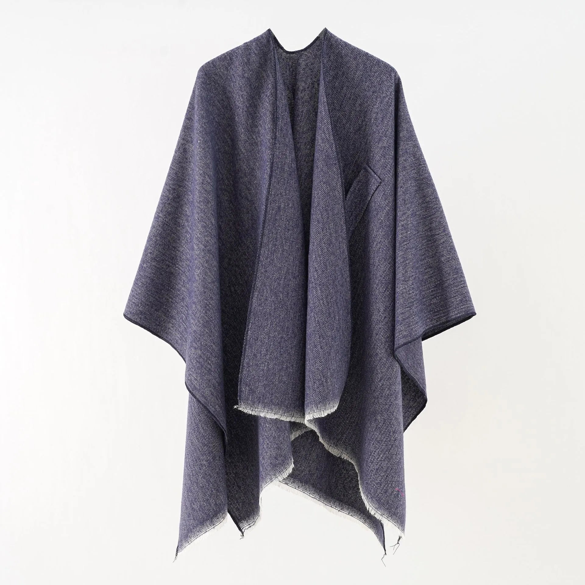 Cashmere poncho in heather dark gray, loose drape with V neckline and open wrap front